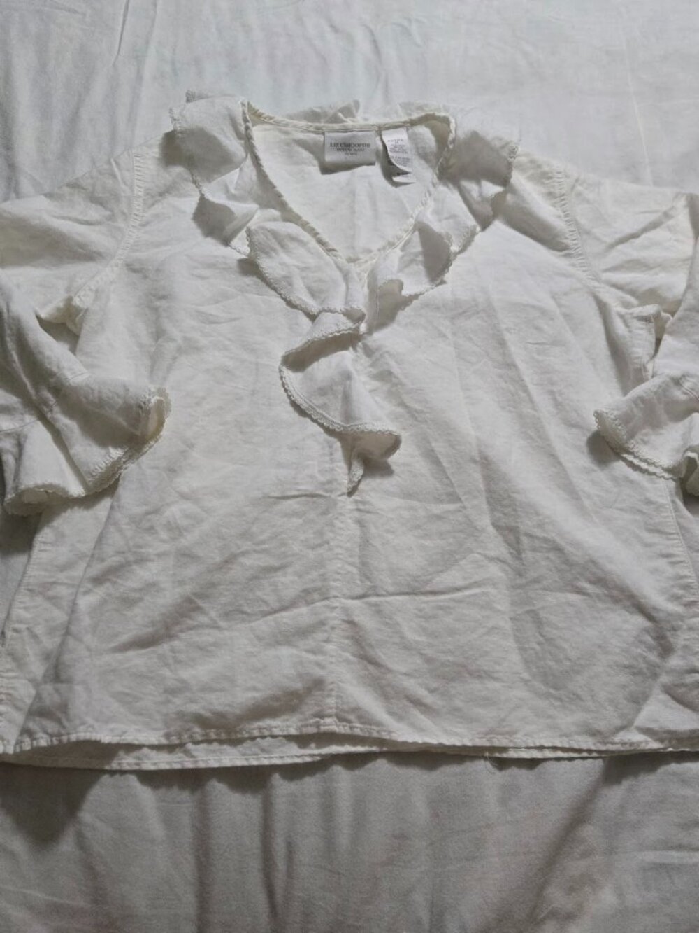 Liz Claiborne White Linen Blend Ruffle V-Neck Poet Peasant Blouse PM
